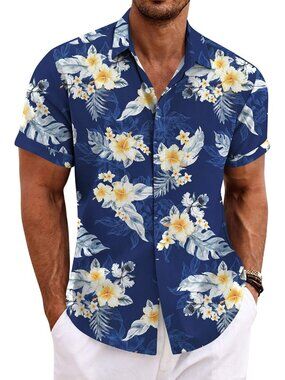 Men's Summer Floral-navy Blue Classic Beach Sleeve Casual Imported Shirt